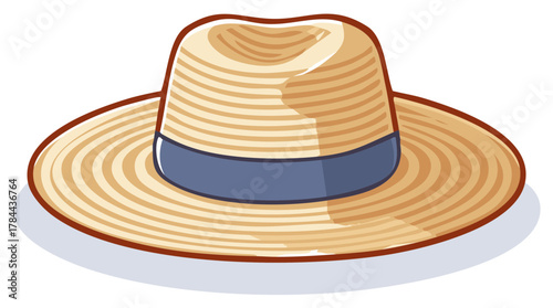 Vector illustration of a straw sun hat with a blue band