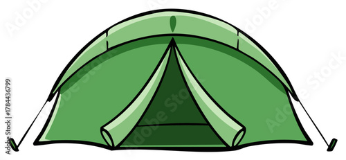 Green camping dome tent with open entrance and guide ropes cartoon illustration