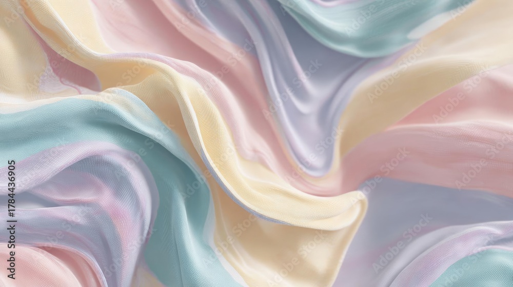 Fototapeta premium Close-up of a fabric with a wavy texture. the fabric appears to be made of silk or satin, with a soft and silky appearance. the colors of the fabric are pastel, with shades of pink, blue, and yellow.