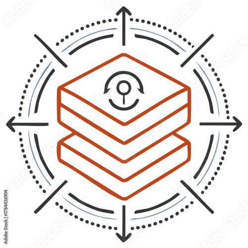 Conceptual graphic representing data processing, layered storage, and widespread bidirectional distribution