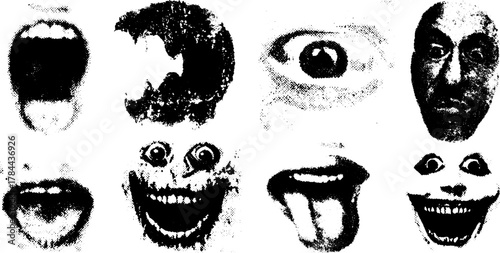 Faces displaying diverse expressions in a monochrome style. Vector illustration set capturing various emotions and gestures clearly.