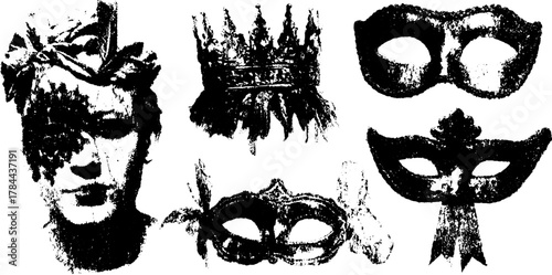 Mask and crown silhouettes in vintage engraving style. Hand-drawn vector illustration featuring decorative elements in a set.