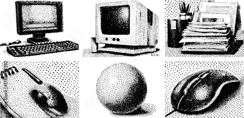 Illustration of computer equipment featuring a keyboard, monitor, mouse, sphere, and paper stack in a hand-drawn style. Black outline vector set.