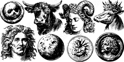 Antique engravings in a set of hand-drawn illustrations. Features vector designs depicting characters, symbols, and historical elements in vintage style.