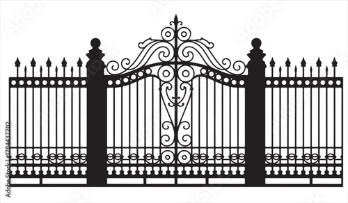 Vector illustration of classic iron fence and gate with detailed ornamental pattern for architecture
