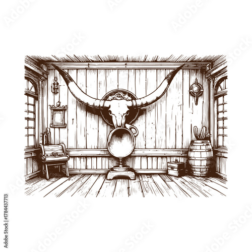 Western Saloon Wall with Longhorn Mount – Vintage Black and White Engraving