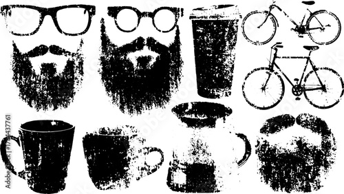 Beard and glasses graphic with coffee mugs and bicycles. Vintage line drawing set of black and white vector illustrations.