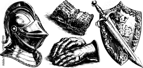 Engraving of an antique armor set. Vintage vector illustration features a helmet, sword, shield, and gloves in detailed black outline.