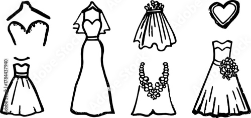 Various dress and gown outlines in hand-drawn style. Fashion vector illustration set for bridal or evening wear concepts.