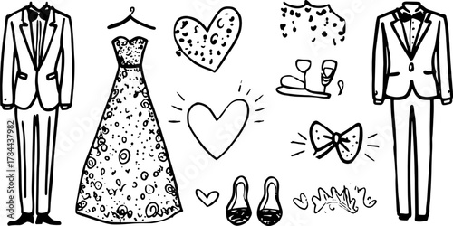 Outline illustrations of wedding attire in a set, including suits and dresses. This hand-drawn vector art showcases fashionable elements.