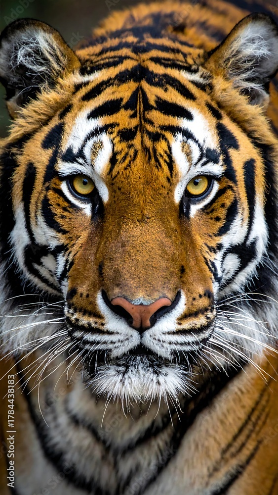 Obraz premium Close up of an orange and black striped tiger, gazing directly into the viewer