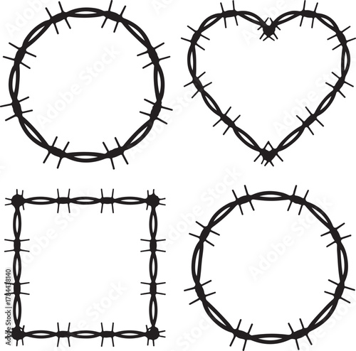 Barbed wire frames vector illustration showcasing a circle heart and square shape suitable for various concepts
