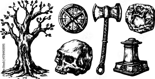 Tree and skull with ax and stone. Black and white vector illustration featuring nature elements in a haunting set of artwork.