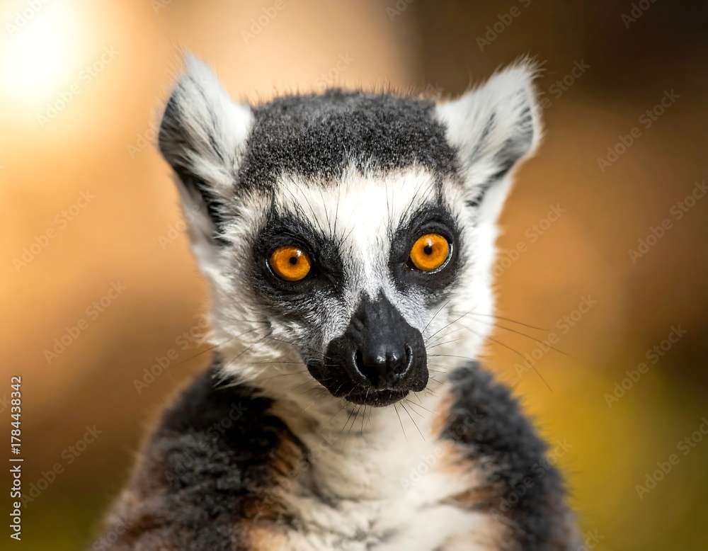 Obraz premium Close up of a ring-tailed lemur with striking orange eyes against a blurry background