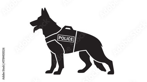 Police dog silhouette vector illustration of a German Shepherd wearing a police vest isolated on white background