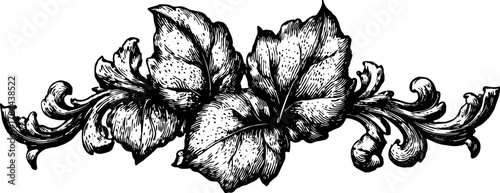 Decorative vintage leaf ornament in intricate line art. This black and white vector illustration showcases elaborate details, creating a distinctive visual image.