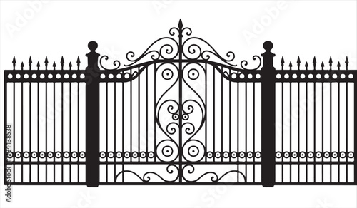 Ornate wrought iron gate silhouette isolated on white background with decorative scroll design