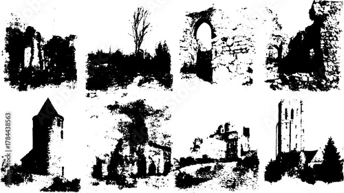 Engraving of vintage ruins and architecture. Black and white illustration showcasing wall textures in a landscape vector set.