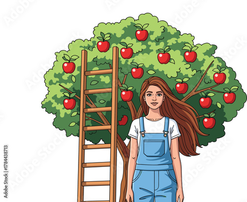 Young woman harvesting apples in orchard, apple tree with ladder, fruit picking outdoors, farm lifestyle, agriculture, healthy food, countryside nature