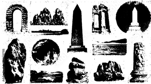 Vintage engravings of architectural monuments in black and white. Line drawing set showcasing landscapes and historical structures in a vector illustration.