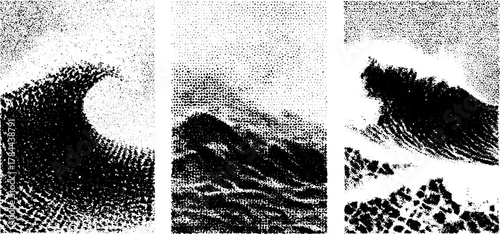 Wave patterns in black and white create a dynamic ocean scene. This textured vector illustration emphasizes movement and energy.