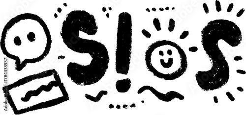 Graphic text in black and white, featuring doodle elements and a smiley face. Creative vector illustration for modern design.