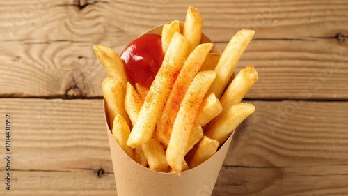 Golden French Fries with Ketchup in Brown Paper Cone on Rustic Wooden Table Top View Food Still Life Close Up Shot with Sprinkled Spices