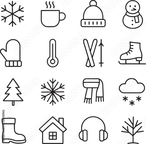 Vector monochrome line icon set about winter