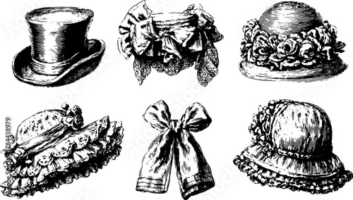 Vintage hats in elegant styles, featuring bows and flowers. Detailed vector illustration set showcasing classic headwear designs.