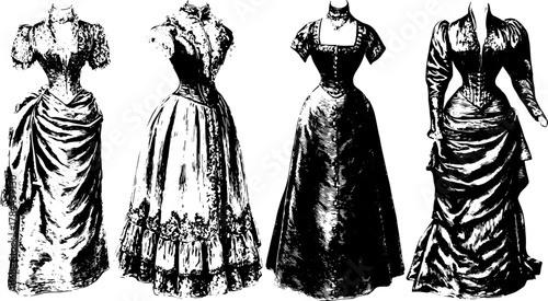 Vintage garments in elegant styles. Detailed black and white vector illustration of classic fashion dresses set showcasing historical design elements.
