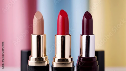 Three Shades of Lipstick in Black and Gold Tubes with Soft Pastel Background of Pink Yellow and Blue Perfect for Beauty Editorial High Quality
