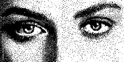 Illustration of eyes in a human face, presented in a monochrome dot style. A vintage set showcasing a contrast of black and white in vector format.