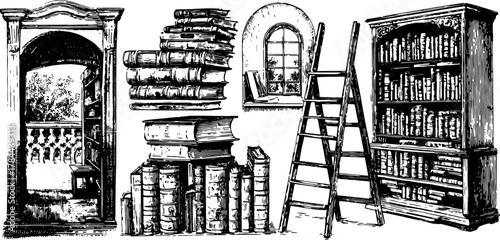 Antique engraving of a library scene. Features a set of books, shelves, and a ladder in a detailed black line drawing vector illustration.