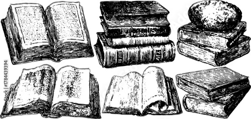 Engraved books in a vintage style. Antique illustration set depicting various arrangements of open and closed volumes in a detailed vector design.