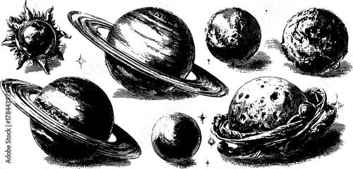 Space planets and sun silhouette in vintage engraving style. Black outline drawings depicting celestial objects, perfect for a space-themed vector illustration.