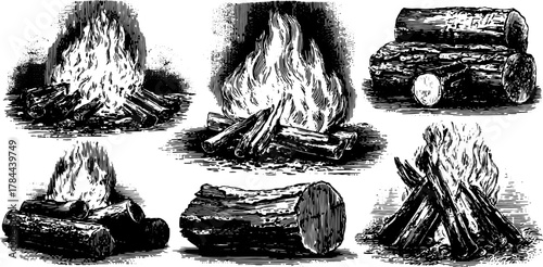 Campfire illustration featuring logs and flames in a vintage vector style. This black outline drawing depicts a warm, rustic set of outdoor gathering.