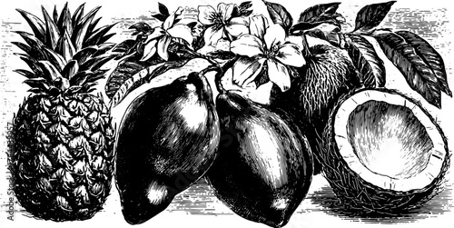 Antique engraving of fruits including pineapple, papaya, and coconut. Detailed black outline drawing in a vintage vector illustration set.