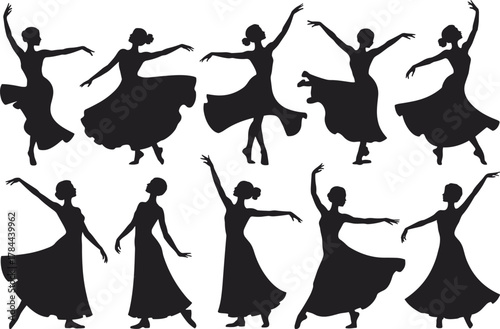 Ballet dancer silhouette, elegant pose, graceful movement, flowing dress, black figure, artistic composition, dance art, expressive gesture, classical ballet, performance, choreography, beauty