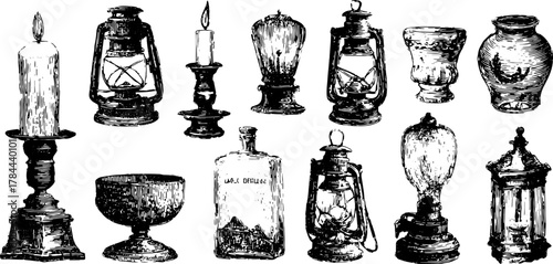 Engraved antique lighting objects illustrated in fine line detail. This vintage set includes candles and lanterns, presented as a vector illustration.