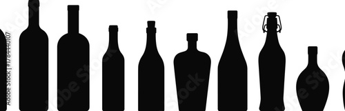 Bottle silhouettes, black bottle shapes, packaging design, beverage containers, glass bottle outline, swing top bottle, product mockup, drink packaging, minimalist bottle icons, silhouette collection