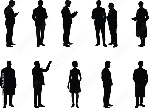 Business silhouettes, professional people, corporate team, office workers, diverse professionals, standing poses, mobile usage, communication, teamwork, business attire, modern workplace