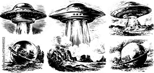UFO illustration in a vintage engraving style. Black outline drawing depicting alien spacecraft and cosmic landscapes in vector format.