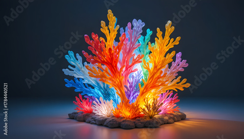 Fototapeta Naklejka Na Ścianę i Meble -  Vibrant coral reef illuminated with colorful lights, a stunning underwater display bringing life and wonder to any space, perfect for home decor accents