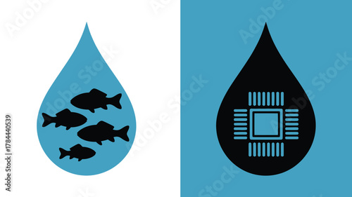 Striking water conservation concept showcasing fish and a circuit board in water drop icons, ideal for environmental and tech campaigns