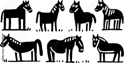 Black cartoon horses in a playful vector illustration. This set features simple silhouettes and outlines designed for creative projects.