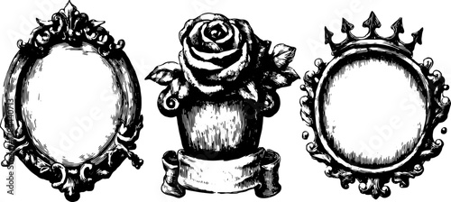 Decorative frames featuring a rose and a crown. Elaborate vector illustration set for artistic backgrounds.