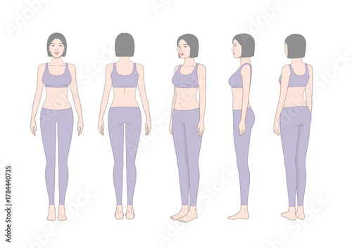 Female fitness body reference set – sportswear model front, side, and back view illustration