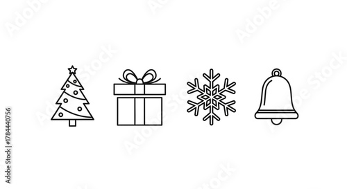 Festive holiday season graphics: Christmas tree, gift, snowflake, and bell icons for winter designs, greetings, cards, and social media posts, scalable vector