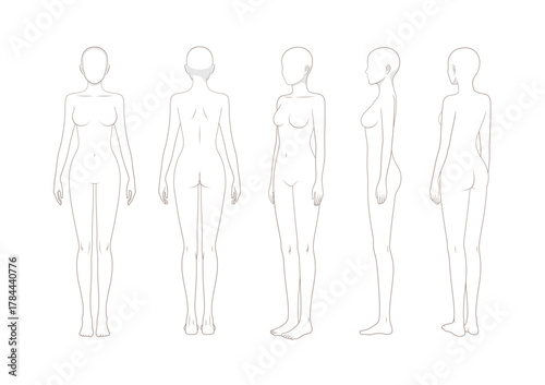 Female body rotation reference set, fashion figure template front side back views