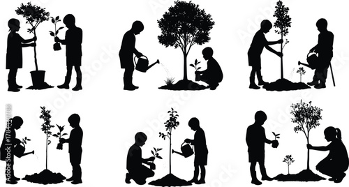 Child planting tree, environmental care, nature growth stages, nurturing sapling, eco education, sustainability concept, 